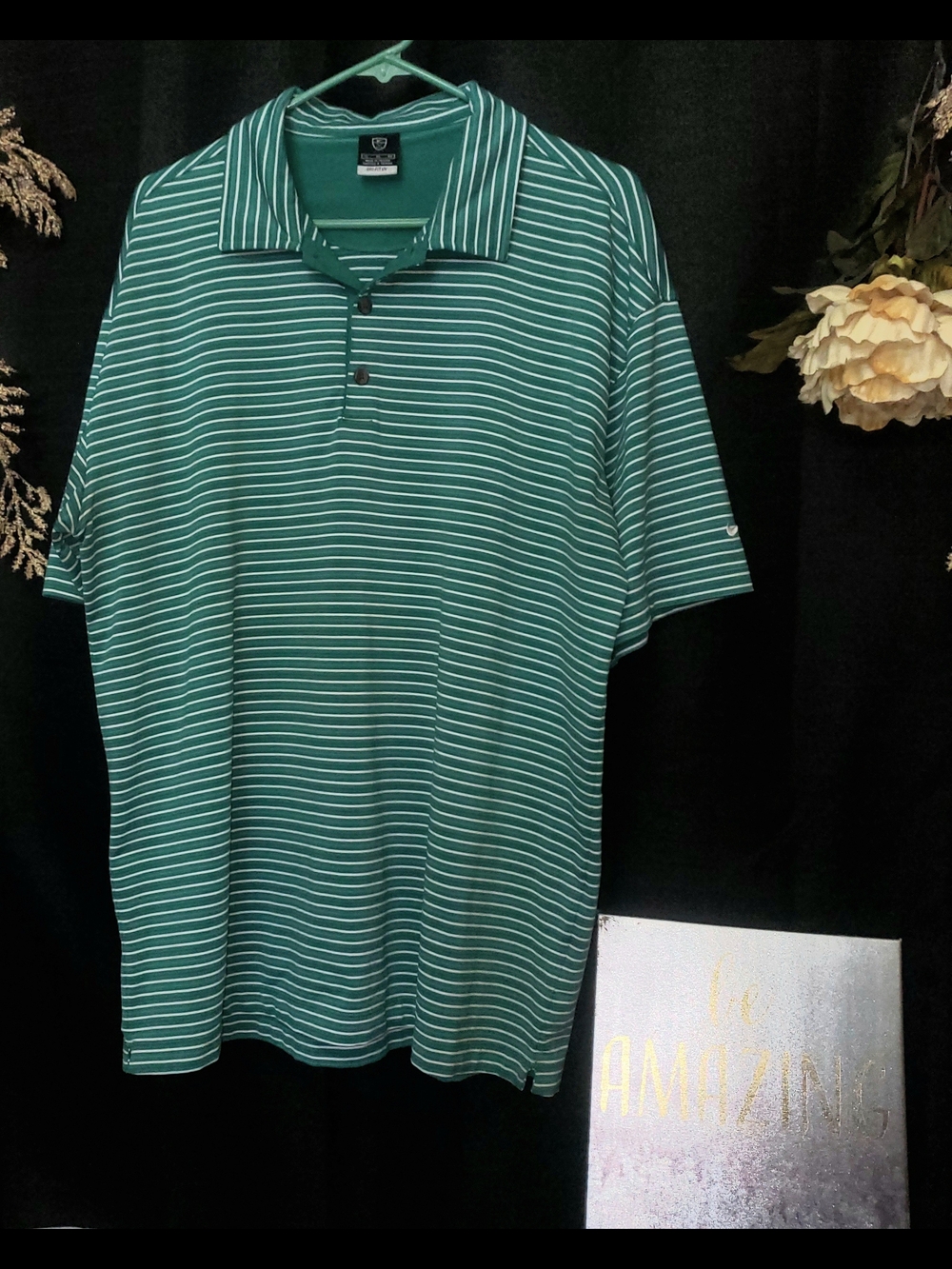 NIKE SZ XL Golf Dry Fit UV Quarter Button Green Blue White Striped Polo Top